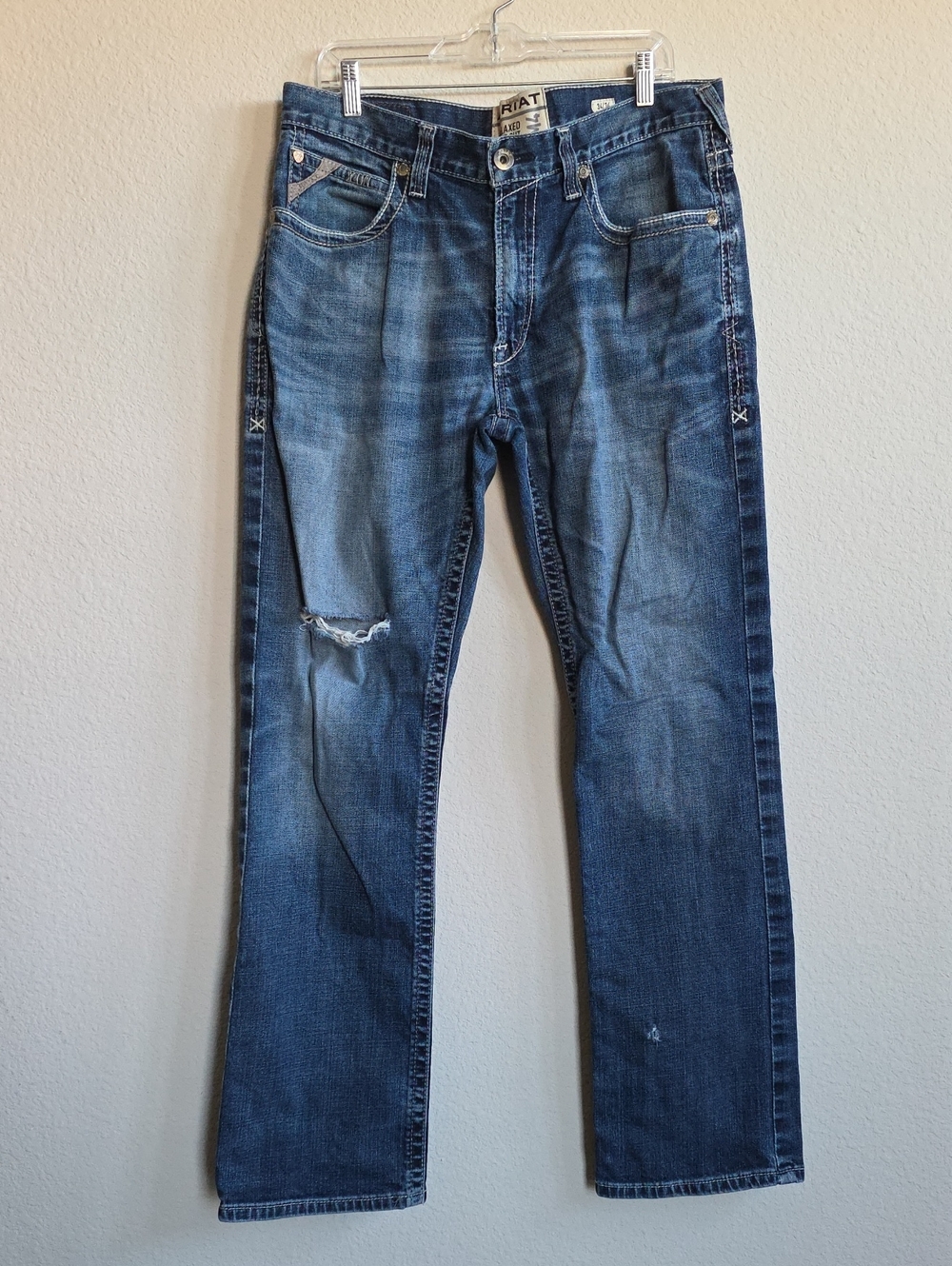 Ariat M4 Relaxed Boot Cut Jeans Blue Adkins Distressed Sz 34/34